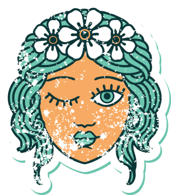 Bir insan tarafından çizilmiş bir bakirenin yüz göz kırpan sembolik dövmesi.