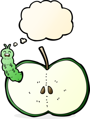 Bir insan tarafından çizilmiş düşünce balonlu elma yiyen çizgi film böceği.