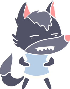 Düz renkli çizgi film kurt bir insan tarafından çizilmiş dişleri gösteriyor.