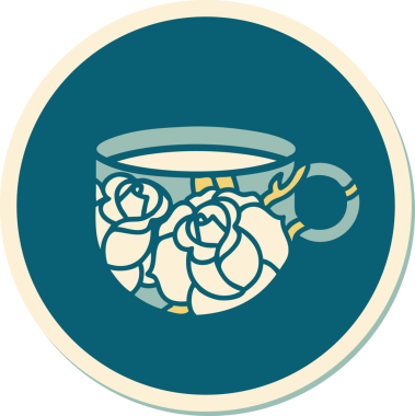 Geleneksel bir kupa stili dövme çıkartması ve bir insan tarafından çizilmiş çiçekler.