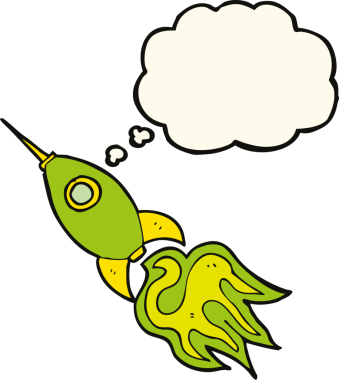 Bir insan tarafından çizilmiş düşünce baloncuklu uzay roketi.