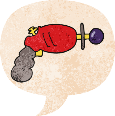 grunge 'da konuşma baloncuğu olan karikatür ışın tabancası bir insan tarafından çizilmiş gerilimli retro desen tarzı