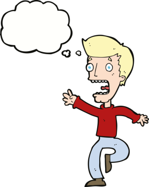 Bir insan tarafından çizilmiş düşünce baloncuğuyla dehşete düşmüş bir adam.