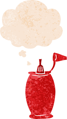 Düşünce baloncuklu ketçap şişesi grunge sıkıntılı retro dokuma tarzı bir insan tarafından çizilmiş