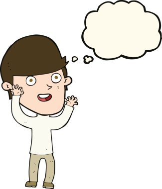 Bir insan tarafından çizilmiş düşünce balonlu mutlu adam çizgi filmi.