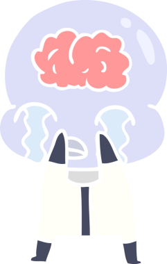 Düz renkli çizgi film. Bir insan tarafından çizilmiş büyük beyinli uzaylı ağlaması.