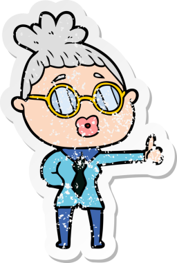 Bir insan tarafından çizilmiş gözlük takan karikatürlü bir kadının sıkıntılı çıkartması.