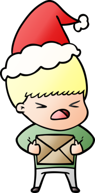 Bir insan tarafından çizilmiş Noel Baba şapkası giymiş stresli bir adamın el çizimi karikatürü.