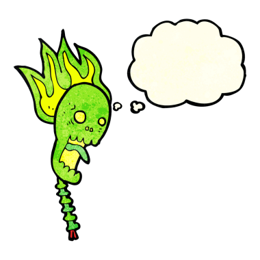 Bir insan tarafından çizilmiş düşünce baloncuklu ürkütücü bir kafatası.