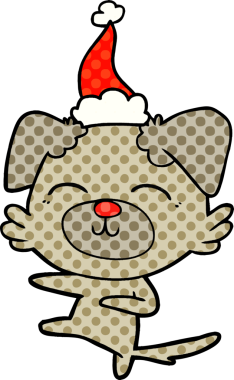 Bir insan tarafından çizilmiş Noel Baba şapkası giyen bir köpeğin el çizimi çizgi roman tasviri.