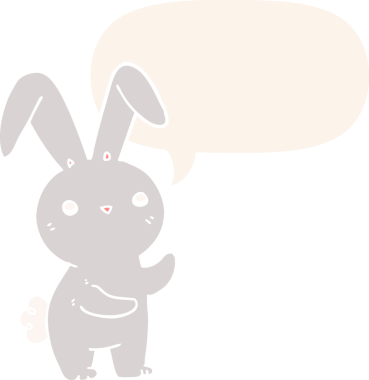 Konuşma baloncuğu olan sevimli çizgi film tavşanı insan tarafından çizilmiş.