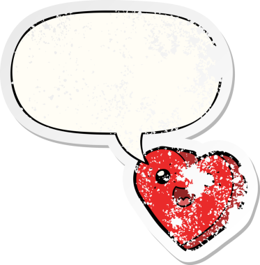 Konuşma baloncuğu olan kalp çizgi film karakteri bir insan tarafından çizilmiş sıkıntılı eski bir çıkartma