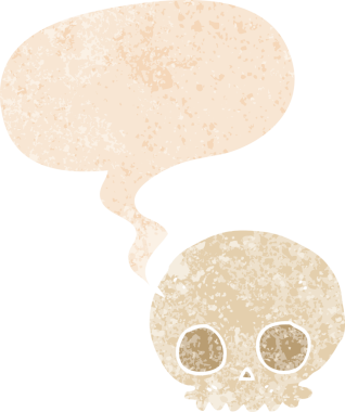 grunge 'da konuşma baloncuğu olan karikatür kafatası bir insan tarafından çizilmiş gerilimli retro stil