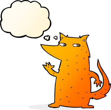 Bir insan tarafından çizilmiş düşünce baloncuğuyla sallanan tilki çizgi filmi.