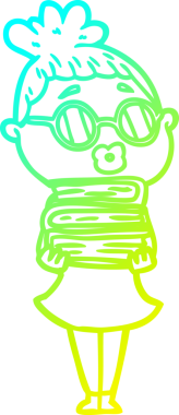 Bir insan tarafından çizilmiş gözlük takan bir kütüphaneci kadının soğuk çizgi çizimi.