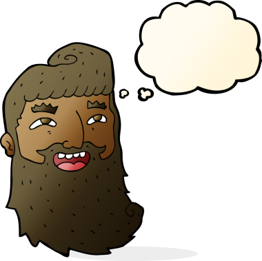 Çizgi filmdeki sakallı adam bir insan tarafından çizilmiş düşünce balonuyla gülüyor.