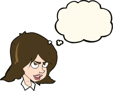 Bir insan tarafından çizilmiş düşünce baloncuğuyla rahatsız bir kadın.