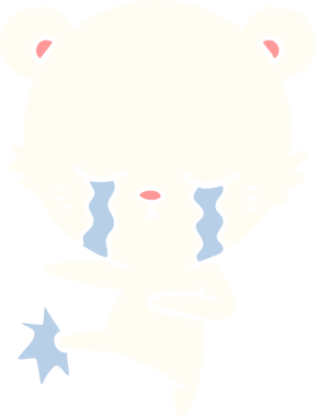 Ağlayan yassı renkli karikatür kutup ayısı bir insan tarafından çekiliyor.