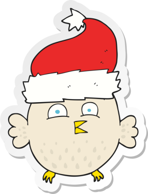 Bir insan tarafından çizilmiş Noel şapkası takan bir baykuşun çıkartması.