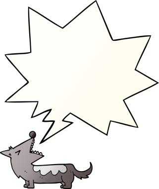 Bir insan tarafından çizilmiş, konuşma baloncuklu çizgi film köpeği.