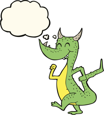 Bir insan tarafından çizilmiş düşünce balonlu mutlu ejderha çizgi filmi.