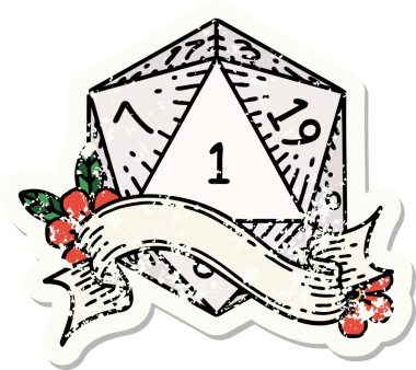 Bir insan tarafından çizilmiş doğal bir d20 zarının grunge çıkartması.