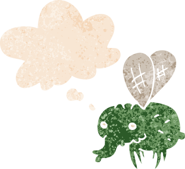 Düşünce baloncuğu ve grunge ile çizgi film sineği bir insan tarafından çizilmiş sıkıntılı retro dokuma tarzı