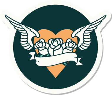 Geleneksel kalp stili dövme çıkartması. Kanatları, çiçekleri ve insan sancağıyla çizilmiş.