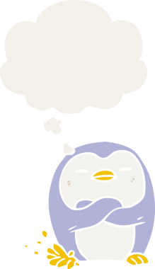 Karikatür penguen ayağı, insan tarafından çizilmiş düşünce baloncuğuyla vuruyor.