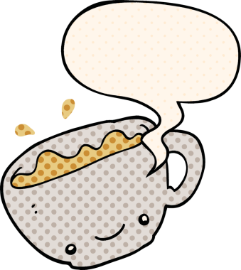 Bir insan tarafından çizilmiş çizgi roman tarzında konuşma baloncuklu bir kahve.