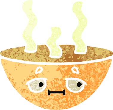 Bir insan tarafından çizilmiş sıcak bir çorba kasesinin retro çizim tarzı karikatürü.