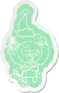 Bir insan tarafından çizilmiş Noel Baba şapkası takan yorgun bir aslanın garip karikatürü.