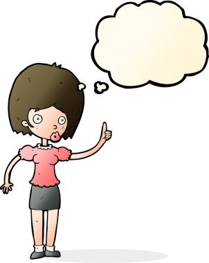 Bir insan tarafından çizilmiş düşünce baloncuğu fikri olan karikatür kadın.