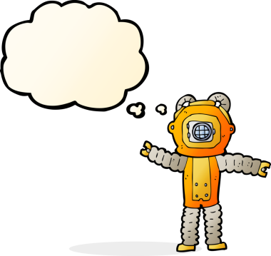 Bir insan tarafından çizilmiş düşünce balonlu derin deniz dalgıcı.