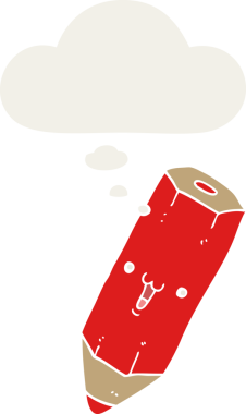 Bir insan tarafından çizilmiş düşünce baloncuklu mutlu çizgi film kalemi.