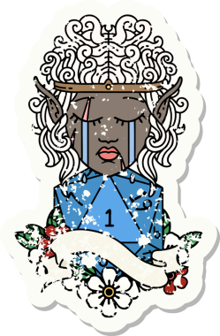 Retro Tattoo Stili üzgün elf barbar karakter yüzü ve bir insan tarafından çizilmiş doğal bir D20 rulo.