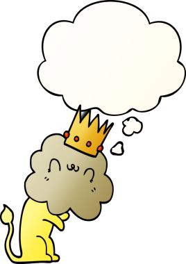 Düşünce baloncuğu ile taçlı çizgi film aslanı bir insan tarafından çizilmiş.