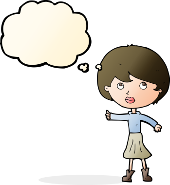 Çizgi filmdeki kadın bir insan tarafından çizilmiş düşünce balonuyla soru soruyor.