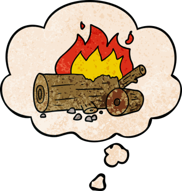 Düşünce baloncuklu çizgi film kamp ateşi. Bir insan tarafından çizilmiş grunge desen tarzı.