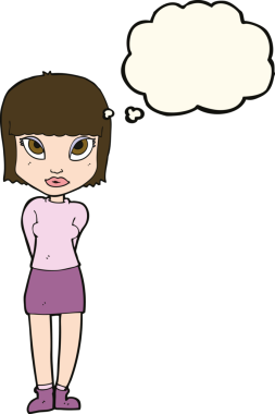 Bir insan tarafından çizilmiş düşünce baloncuğuyla ayakta duran çizgi film kadını.