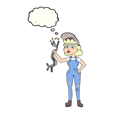 Bir insan tarafından çizilmiş serbest çizim balon karikatür elektrikçisi kadın.