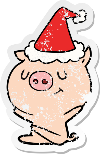 Mutlu el, insan tarafından çizilmiş Noel Baba şapkası takan bir domuzun kederli çıkartması.