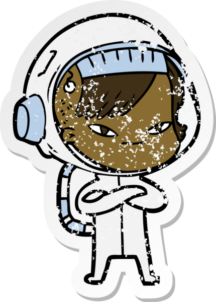 Bir insan tarafından çizilmiş karikatür astronot kadının sıkıntılı çıkartması.