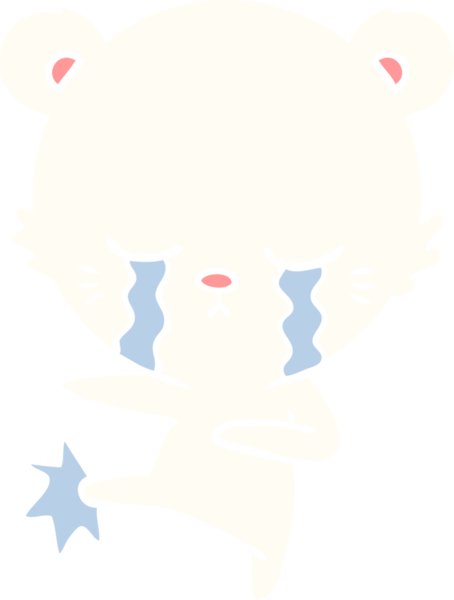 Ağlayan yassı renkli karikatür kutup ayısı bir insan tarafından çekiliyor.