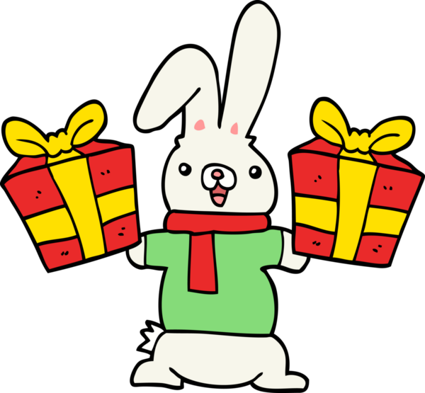 Bir insan tarafından çizilmiş Noel hediyeli çizgi film tavşanı.