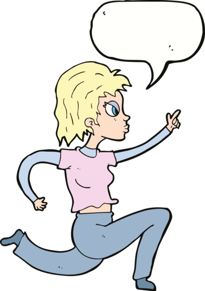 Bir insan tarafından çizilmiş konuşma balonuyla koşan ve işaret eden çizgi film kadını.