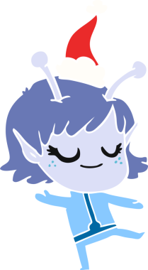 Gülümseyen uzaylı kız el çizimi düz renkli Noel Baba şapkası giyen bir insan tarafından çizilmiş.