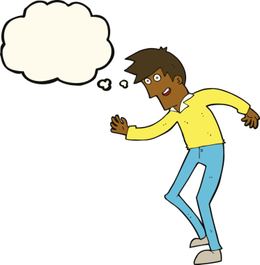 Bir insan tarafından çizilmiş düşünce baloncuğuyla dans eden mutlu adam çizgi filmi.