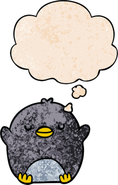 Bir insan tarafından çizilmiş grunge desenli düşünce baloncuklu penguen çizgi filmi.