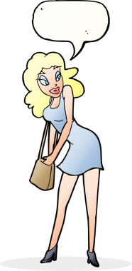 Bir insan tarafından çizilmiş konuşma balonuyla el çantasına bakan karikatür kadın.